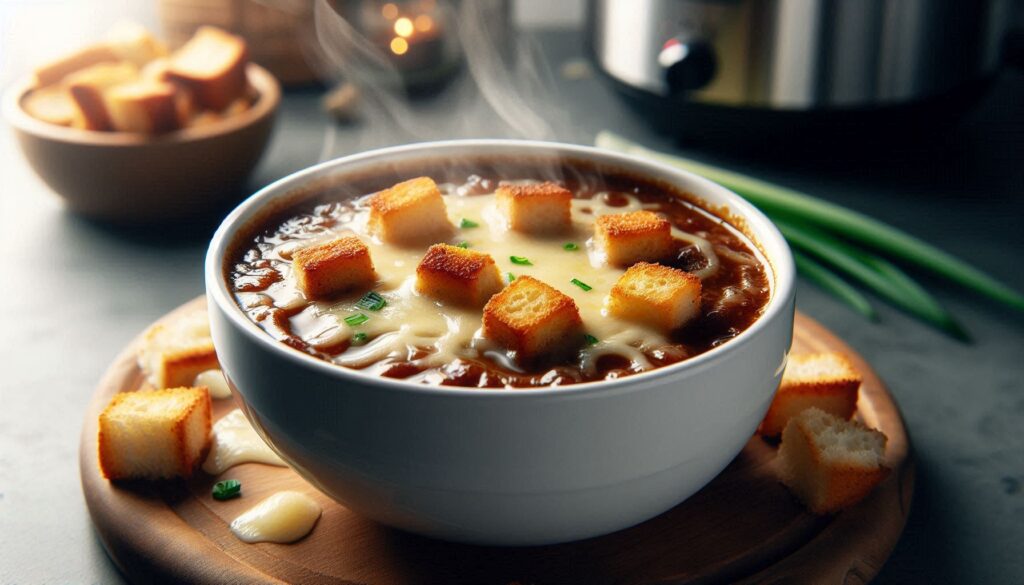 A steaming bowl of Crockpot French Onion Soup topped with crusty bread and melted Gruyère cheese, garnished with fresh thyme, showcasing the rich, caramelized onion broth