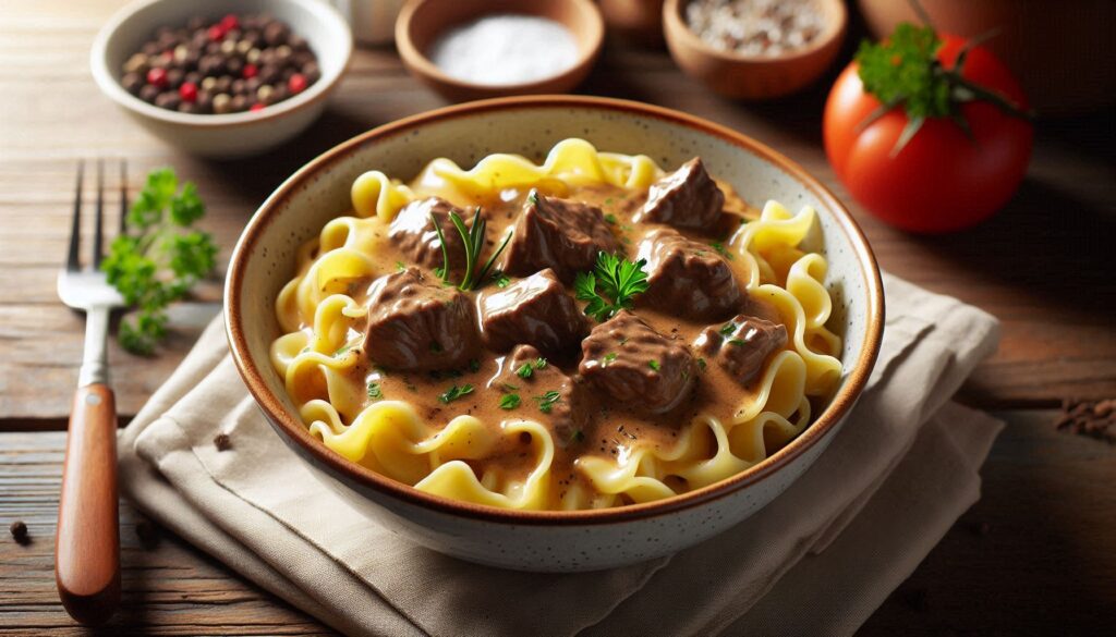 A hearty bowl of slow cooker beef stroganoff featuring tender beef chunks, sautéed mushrooms, and a creamy sauce served over egg noodles, garnished with fresh parsley.