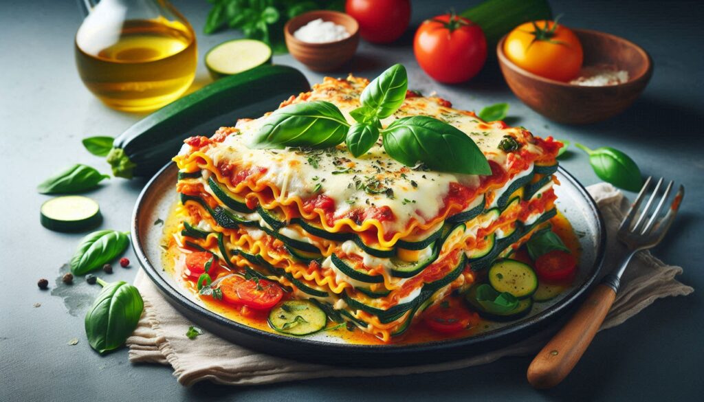 Vegetable lasagna layered with roasted zucchini, bell peppers, mushrooms, and spinach, topped with melted mozzarella cheese and fresh basil.