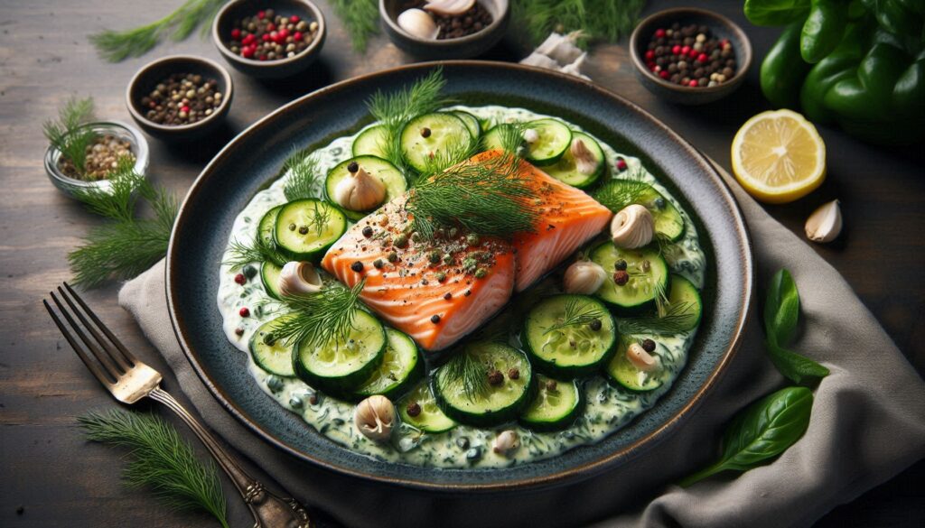 Poached Salmon with Cucumber Dill Sauce