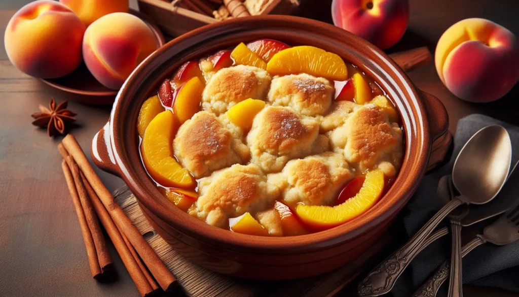 A warm serving of Crock Pot Peach Cobbler topped with a scoop of vanilla ice cream, showcasing juicy peaches and a golden, buttery topping, perfect for a comforting dessert.