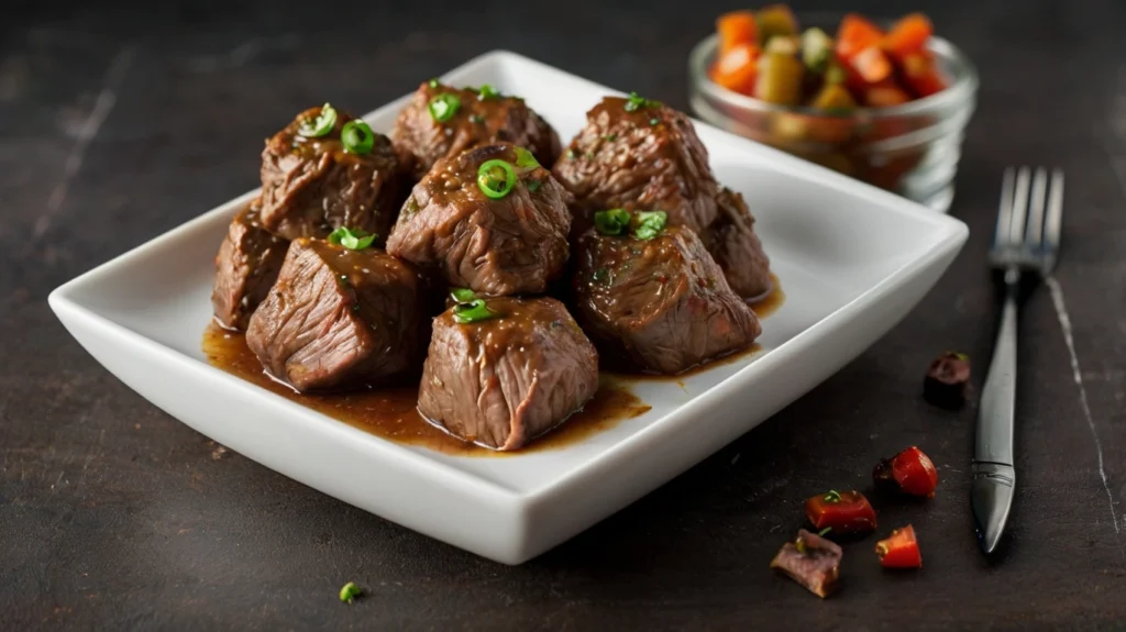 A hearty bowl of classic crockpot steak bites, showcasing tender pieces of beef simmered with onions and garlic in a rich broth.