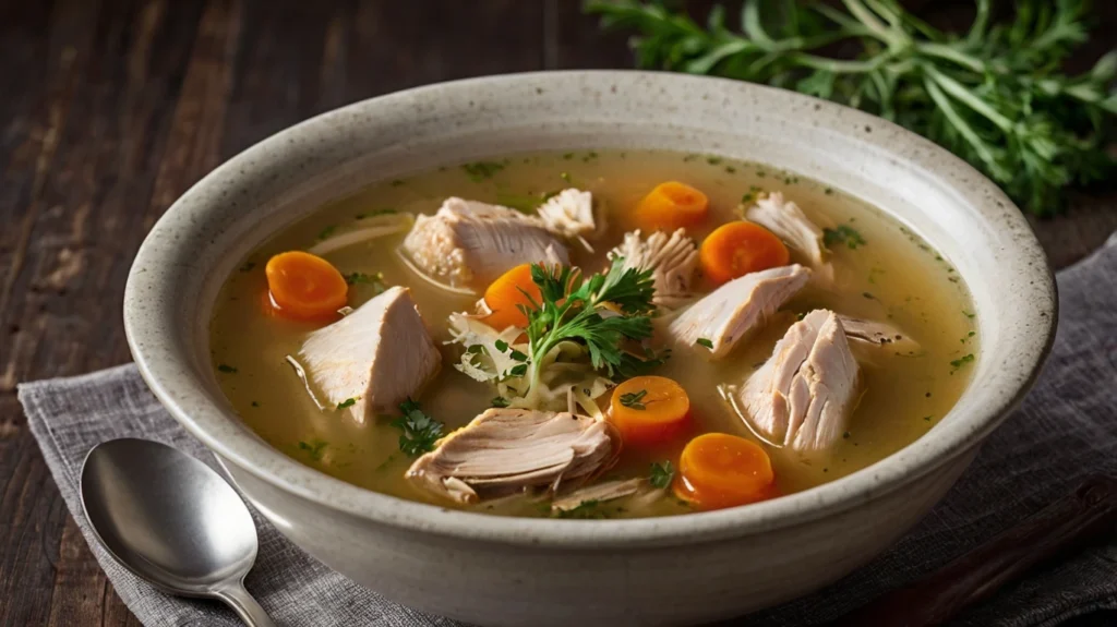 A pot on the stove filled with simmering paleo chicken soup, with visible chunks of chicken and vegetables, illustrating the cooking process