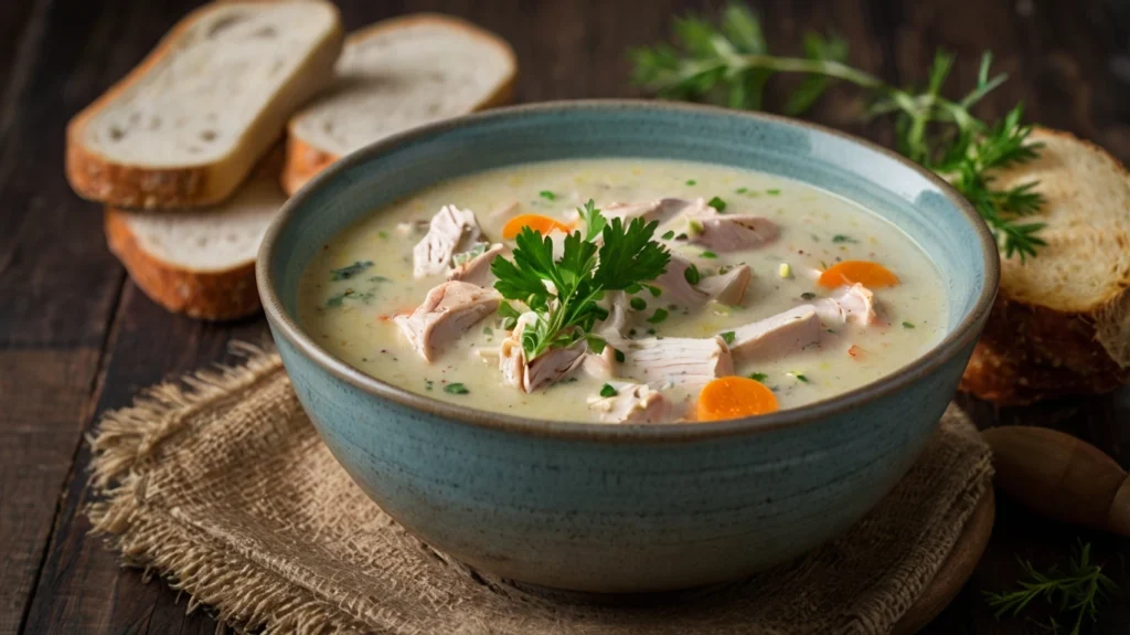 A close-up of creamy paleo chicken soup made with coconut milk, featuring kale and a sprinkle of black pepper on top.