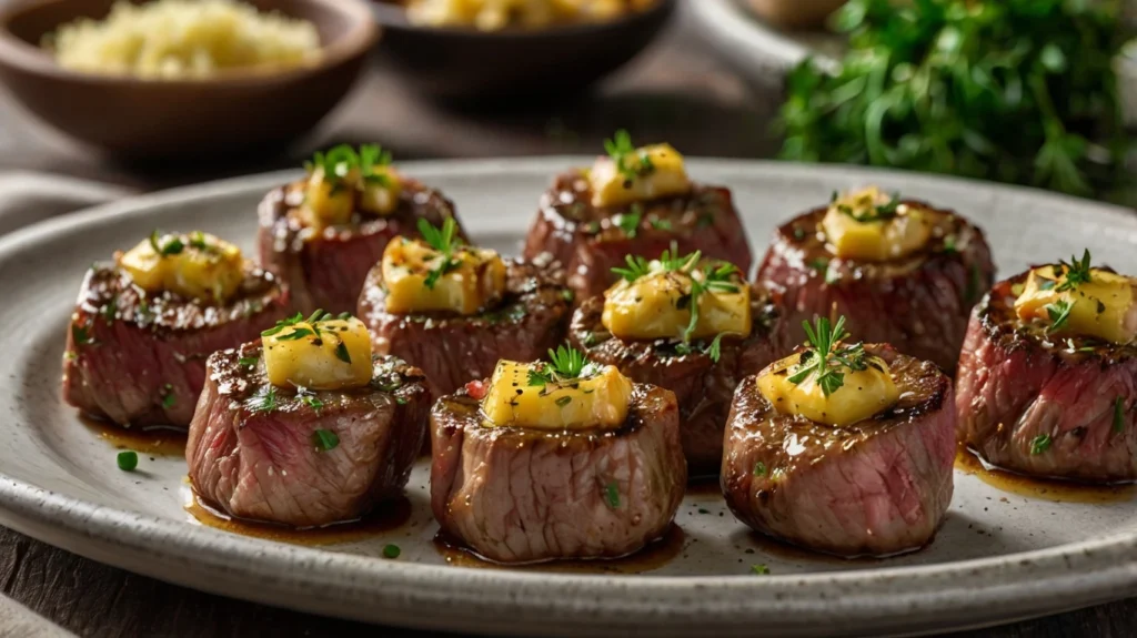 Delicious garlic butter steak bites glistening with melted butter and minced garlic, served in a skillet, garnished with fresh parsley.