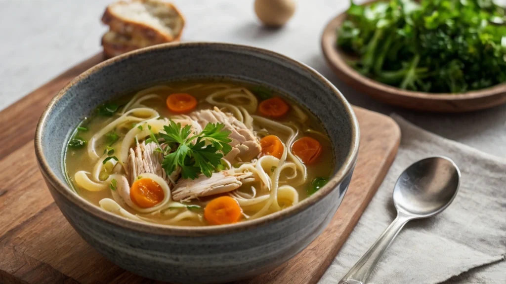 A bowl of paleo chicken noodle soup made with spiralized zucchini noodles, garnished with fresh parsley and served with a slice of lemon on the side.