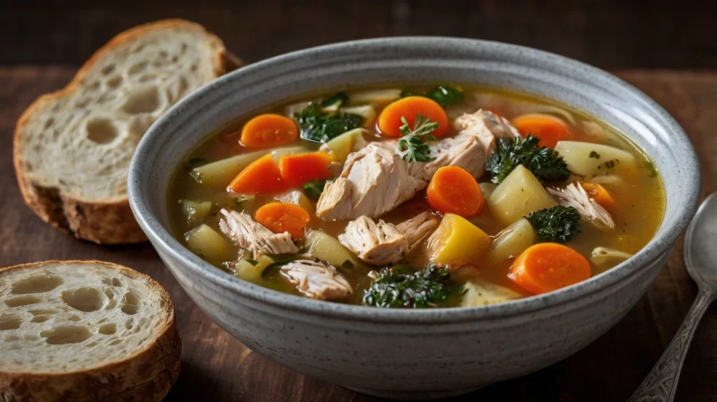 A hearty bowl of paleo chicken soup filled with tender chunks of chicken, vibrant carrots, celery, and zucchini, garnished with fresh herbs, showcasing a nutritious and comforting meal.